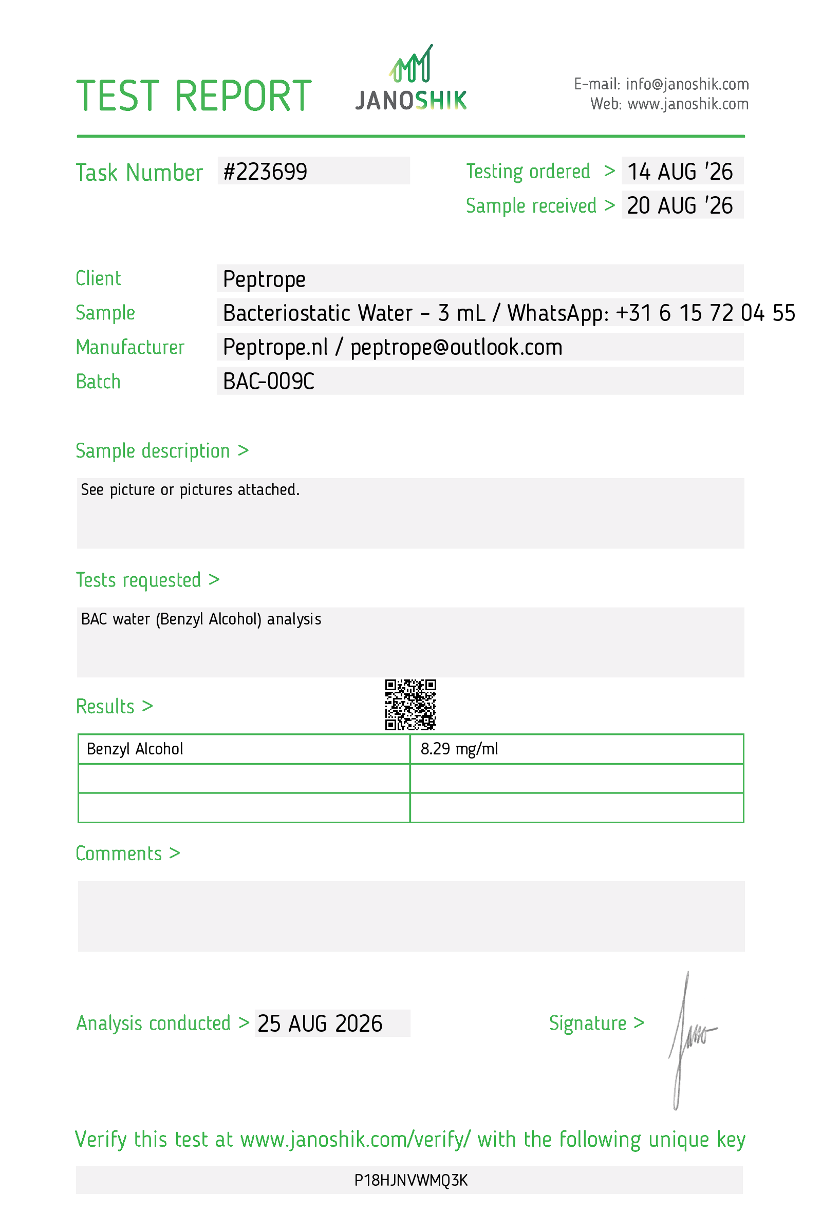 Rapportpreview van Janoshik BAC Water Analysis #223699 voor Bacteriostatic Water 3 mL