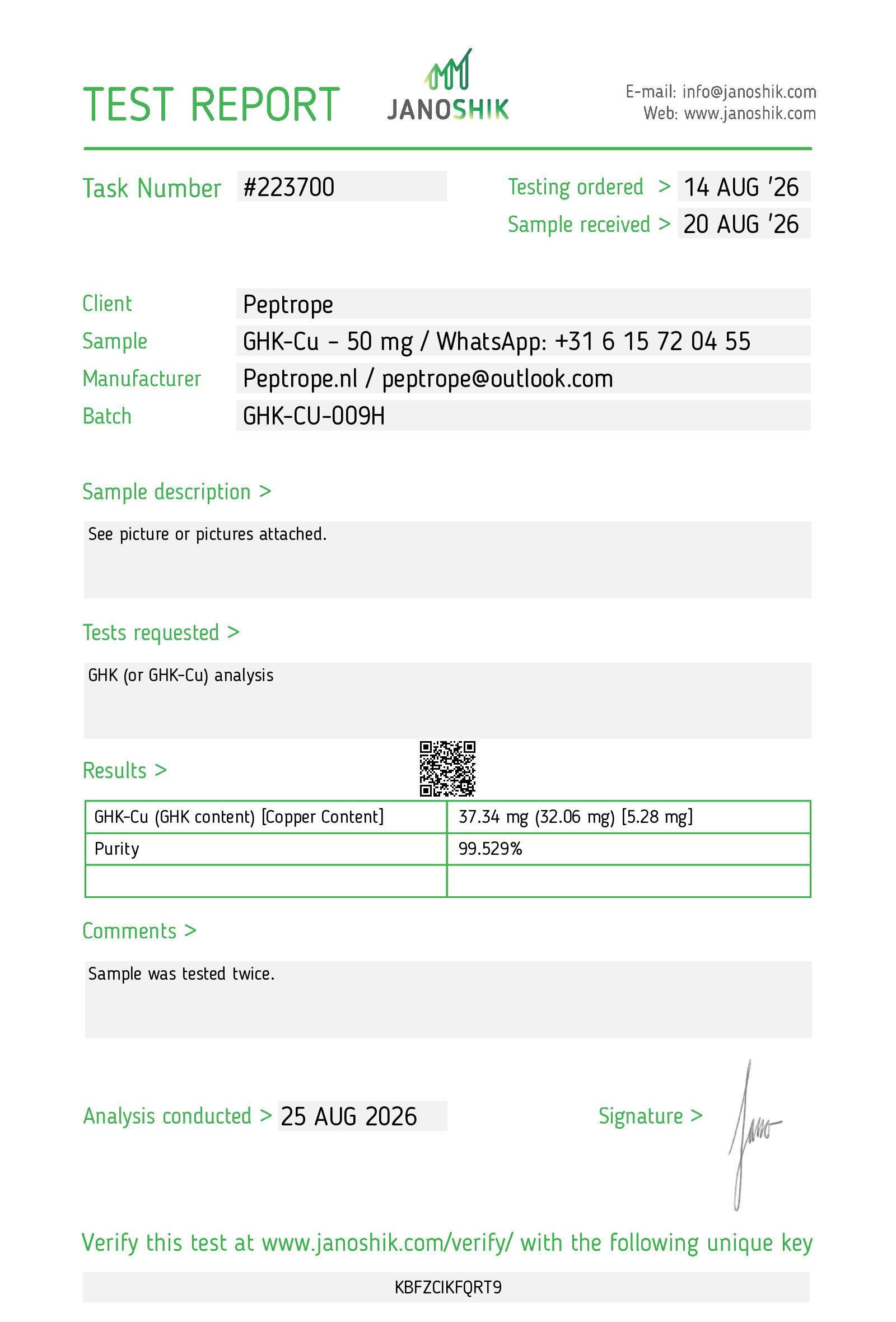 Rapportpreview van Janoshik GHK-Cu Analysis #223700 voor GHK-Cu 50 mg