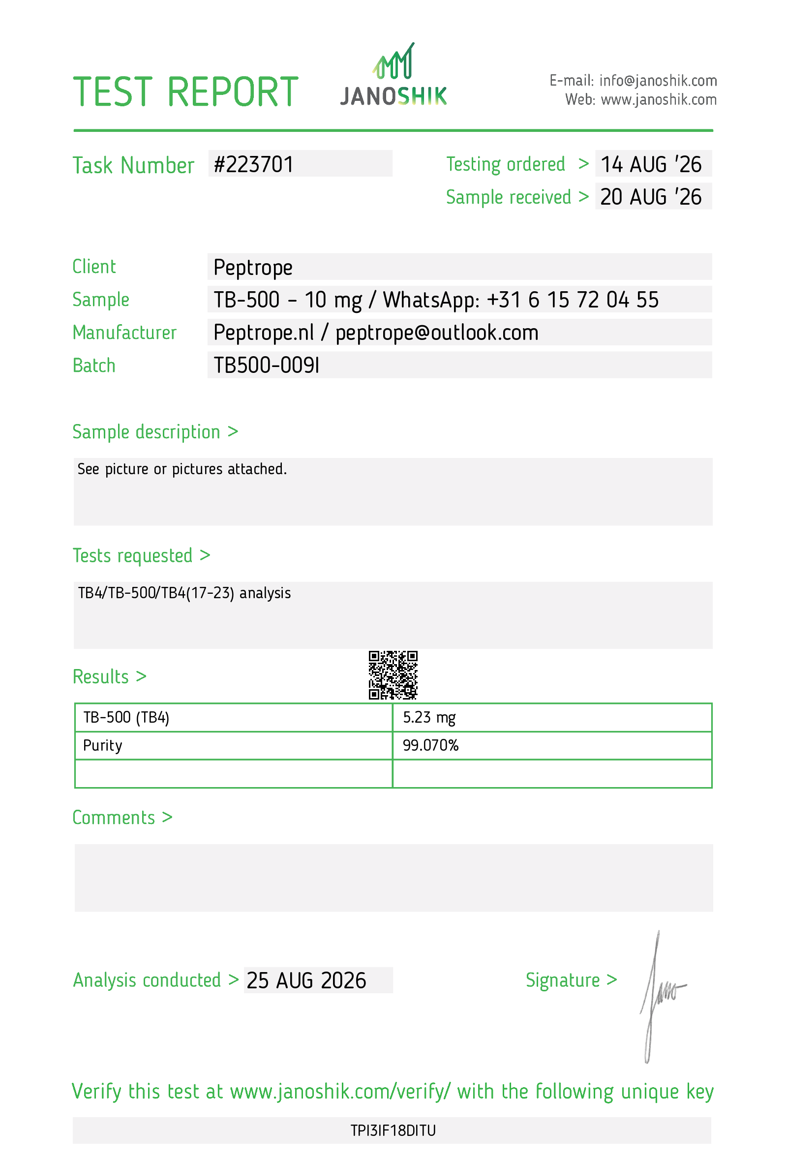 Rapportpreview van Janoshik TB-500 Analysis #223701 voor TB-500 10 mg