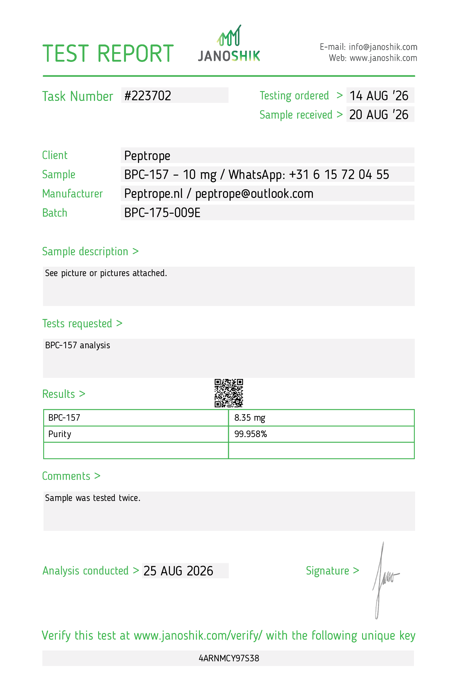 Rapportpreview van Janoshik BPC-157 Analysis #223702 voor BPC-157 10 mg