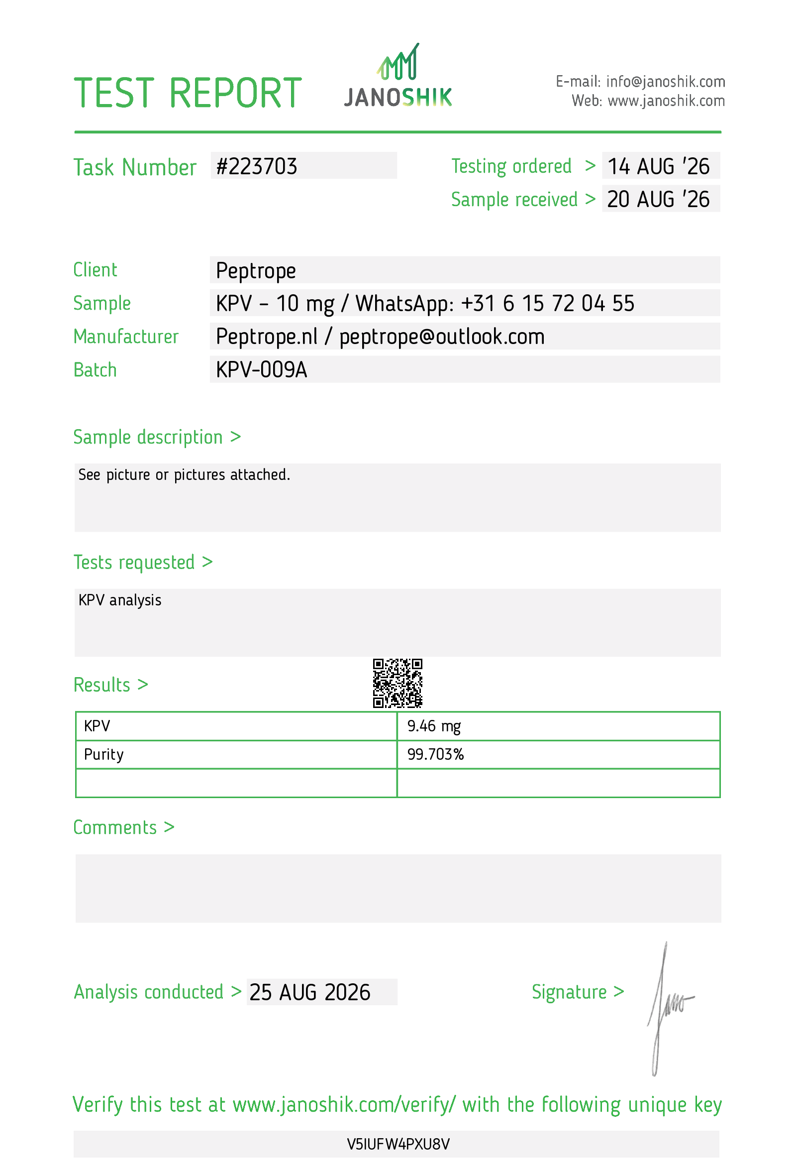 Rapportpreview van Janoshik KPV Analysis #223703 voor KPV 10 mg