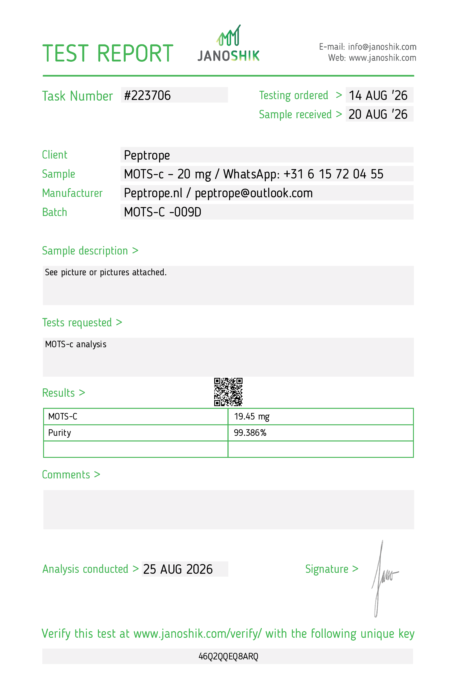 Rapportpreview van Janoshik MOTS-C Analysis #223706 voor MOTS-C 20 mg