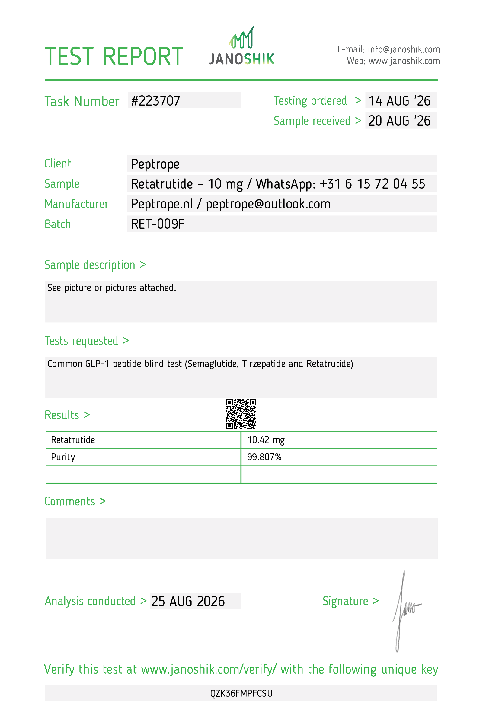 Rapportpreview van Janoshik Analysis #223707 voor Retatrutide 10 mg