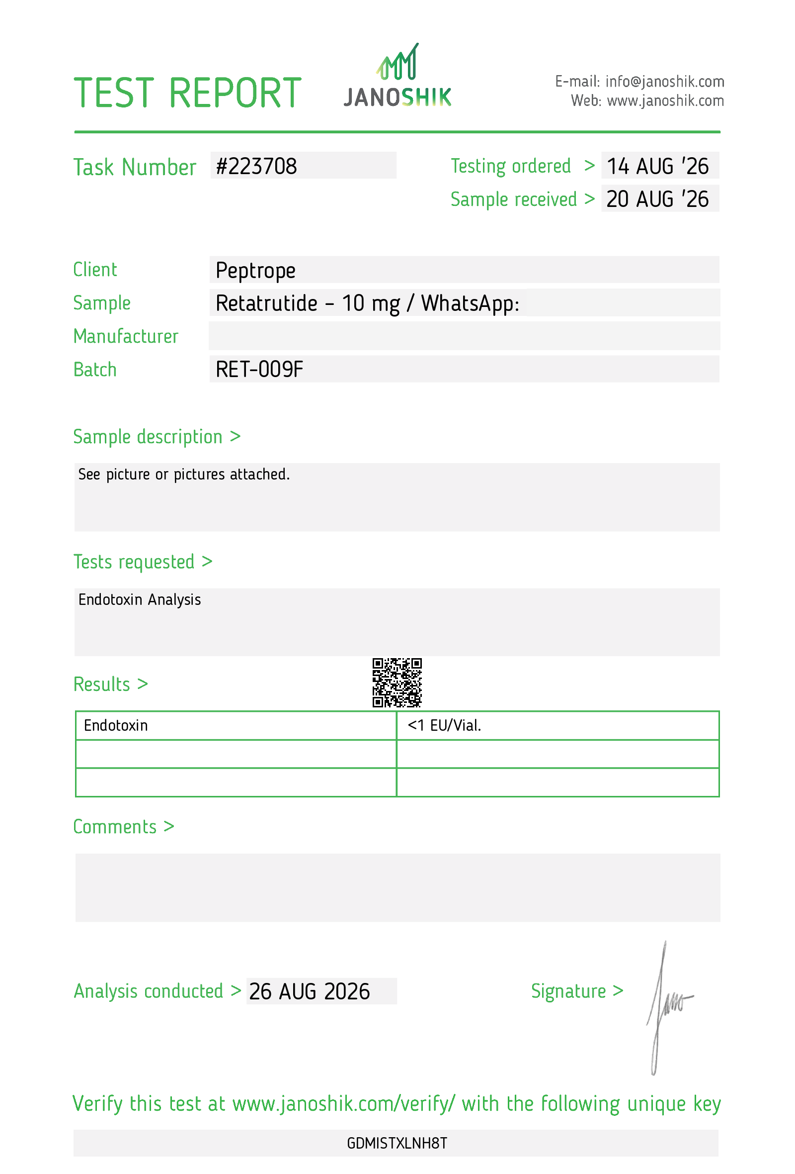 Rapportpreview van Janoshik Endotoxin Analysis #223708 voor Retatrutide 10 mg; klantcontactgegevens afgeschermd